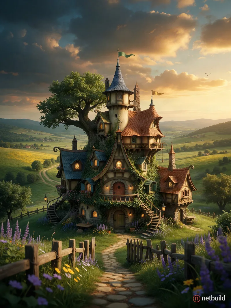 Ein majestätisches, detailliertes Märchen-Baumhausdorf, eingebettet in ein weites, grünes Tal, im Stil eines hochauflösenden Matte Paintings. Zentrier...
