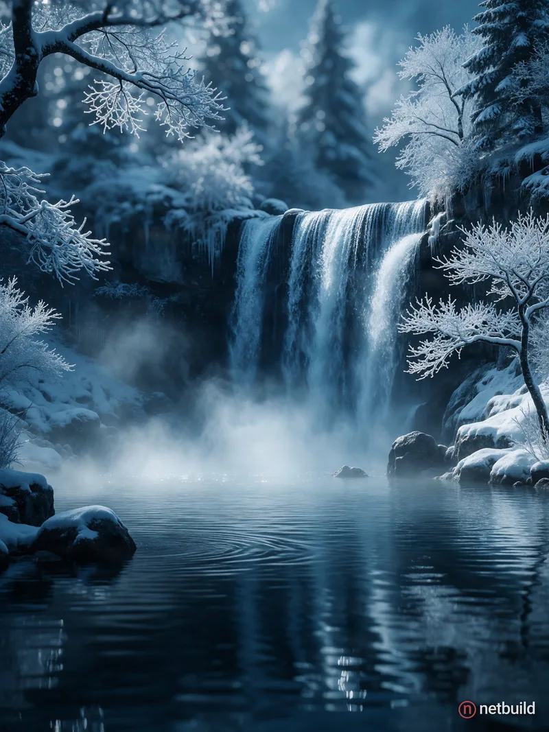 Hyper-realistic, hypermaximalist winter landscape featuring a majestic waterfall cascading into a serene lake. A thick, mysterious fog floats elegantl...