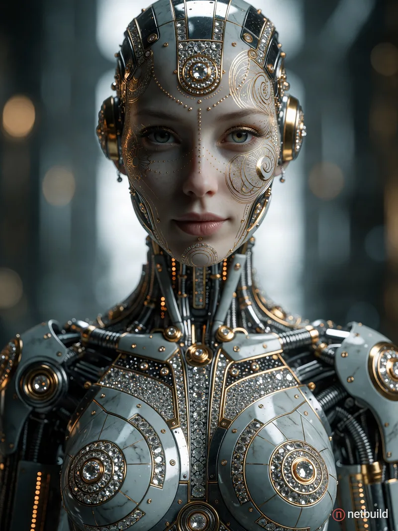 Masterpiece sci-fi fashion portrait of an extremely beautiful half-woman half-robot, frontal shot with perfect facial and body symmetry and a subtle s...