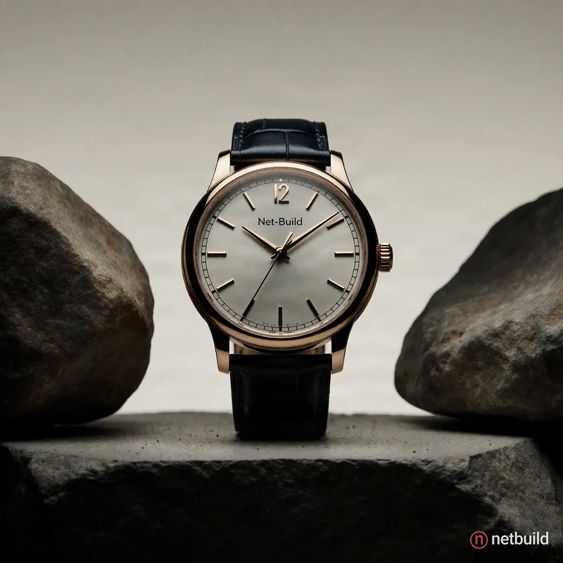 High-end commercial advertising photography of a luxury watch centered on a plain, untextured concrete platform. The watch dial features the brand nam...