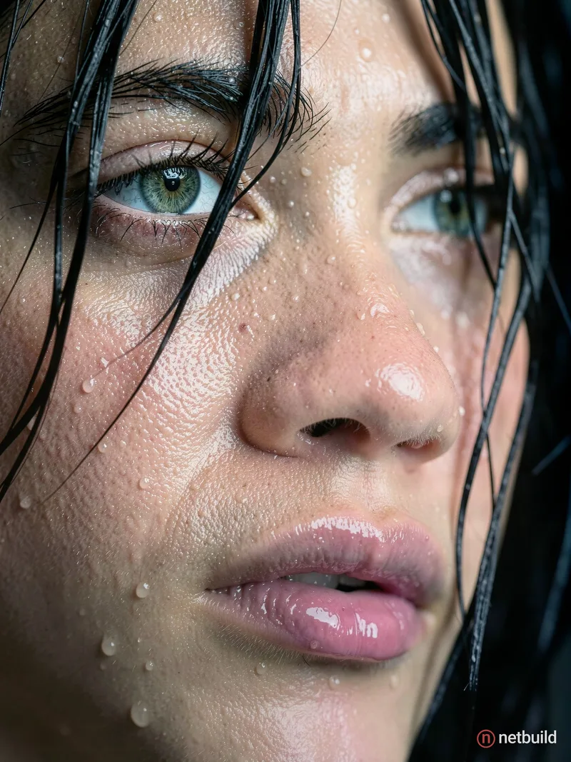 Hyperrealistic cinematic macro portrait focusing on the eye, nose, and slightly parted glossy lips. Intense, contemplative expression with greenish-bl...