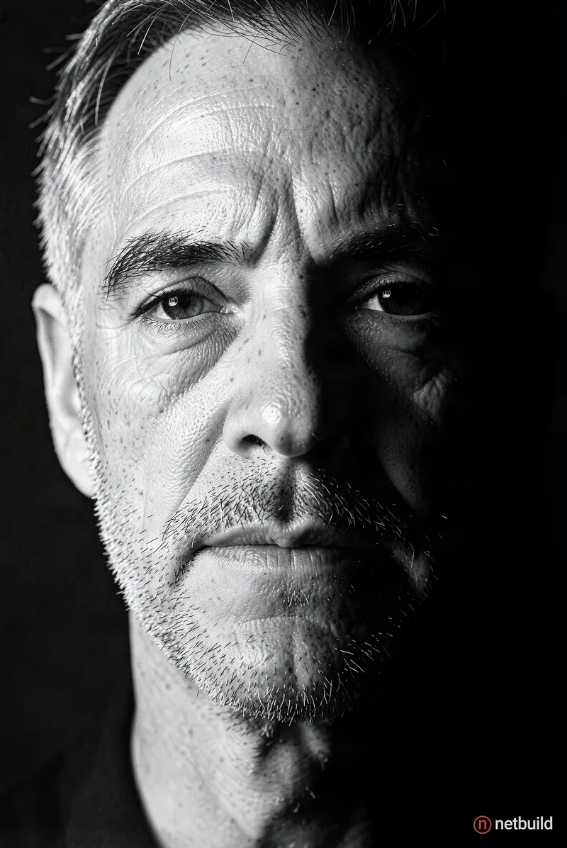 Ultra high-definition black and white close-up portrait of a serene, powerful man aged 60-80 with masculine features, deep-set eyes, a strong jawline,...