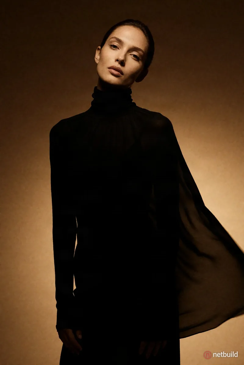 Fashion editorial photography, front shot, upper body of a professional female model with a profound gaze, tilted head, and elongated stance, wearing...