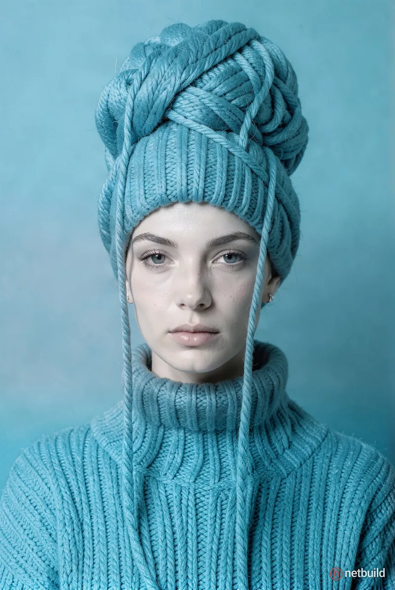 High-fashion editorial portrait centered against a solid turquoise blue background. A model wears an oversized, chunky ribbed knit turtleneck sweater...
