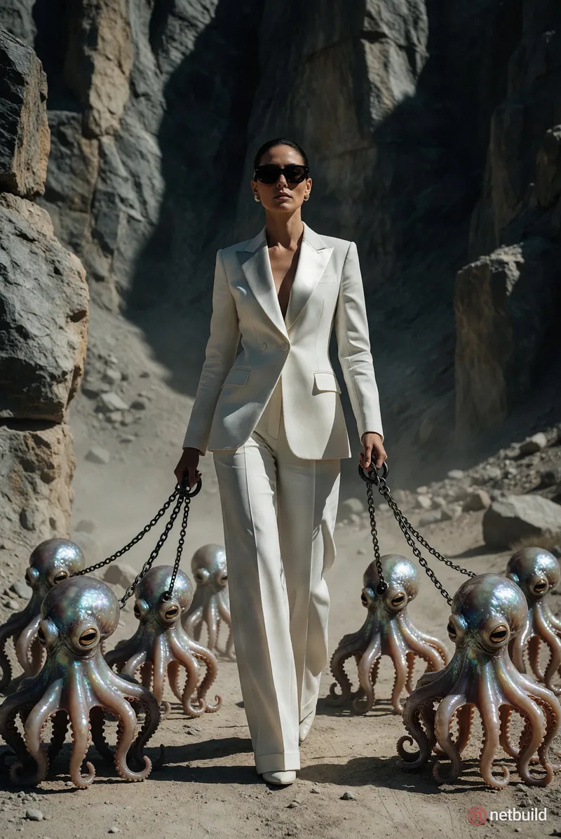 Low-angle wide-shot of a serious woman with slicked-back dark hair and dark sunglasses, confidently walking forward in a …