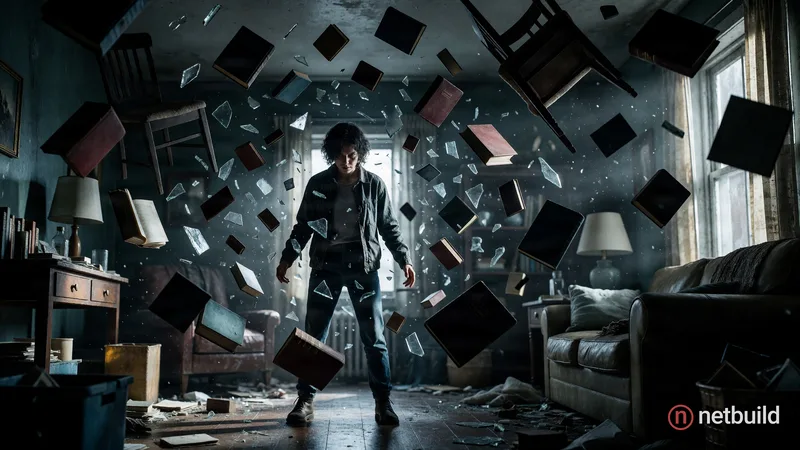 Hyper-realistic 8k photography of a dramatic telekinetic scene. A focused person stands in the center of a cluttered …