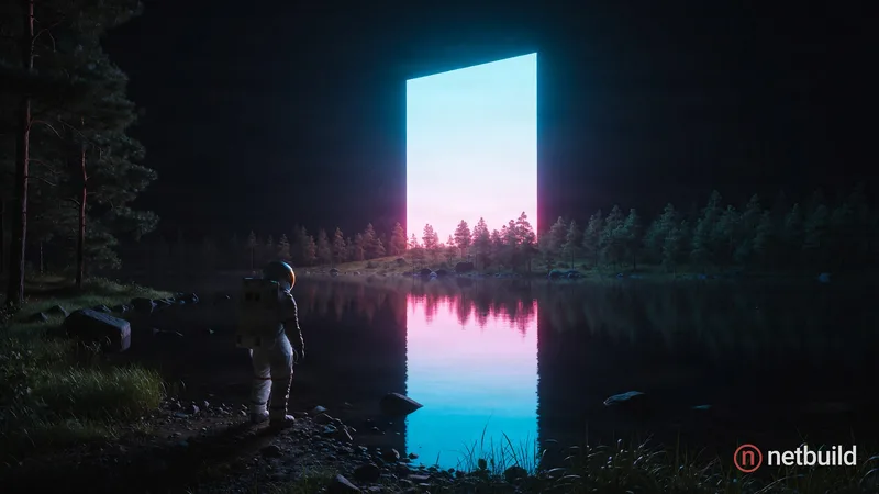 Ein hyperrealistisches Raw-Foto einer einsamen Astronautenfigur, die am Ufer eines stillen Sees unter einem …
