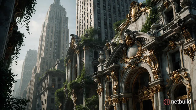 Hyperrealistic architectural photography of post-apocalyptic New York City, where towering skyscrapers are merged with …