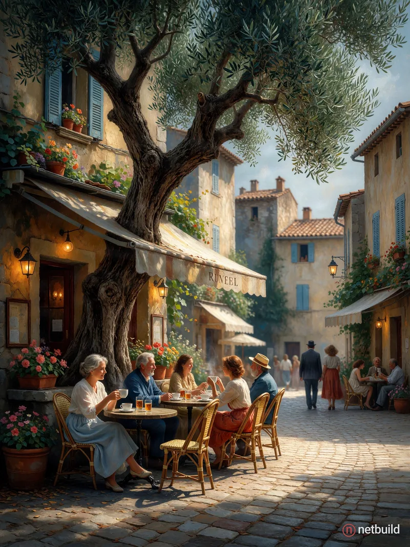 Hyper-realistic oil painting in the style of Da Vinci and impressionism, depicting a traditional French cafe in a quaint …