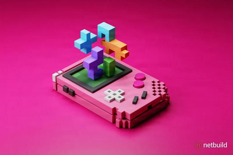 3D isometric voxel-art render of a fragmented pink handheld gaming console centered on a seamless magenta background. …