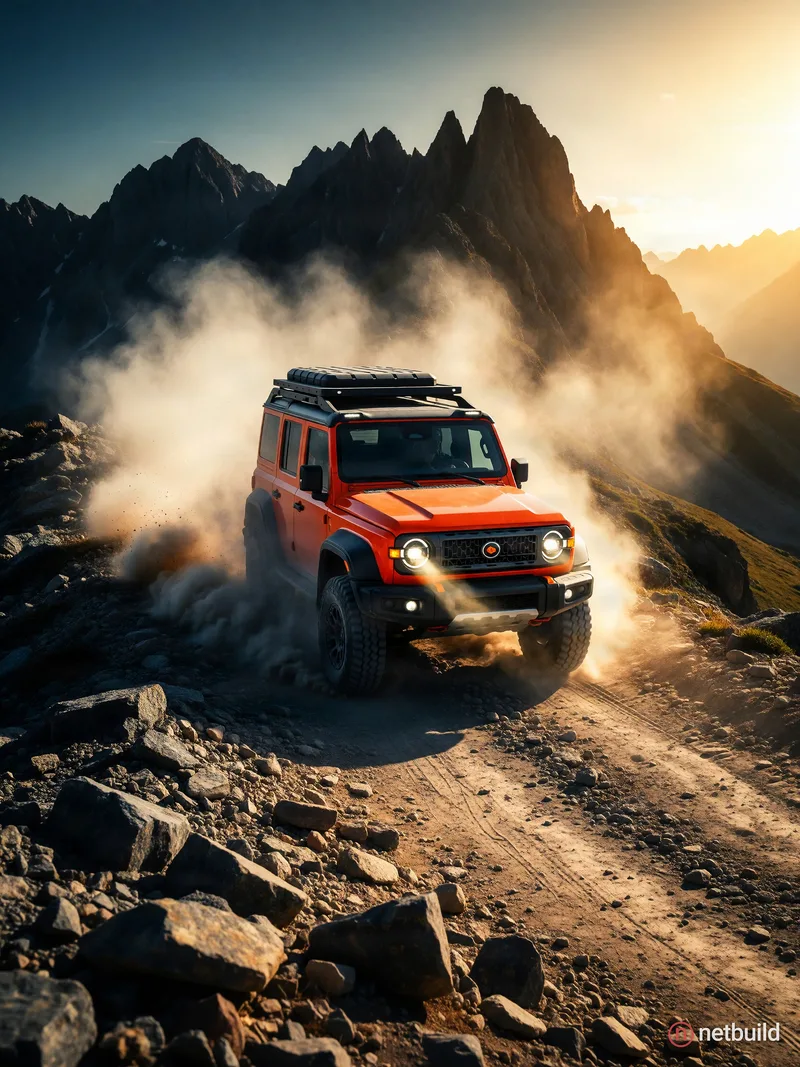 Cinematic automotive photography of a boxy orange off-road SUV navigating a rugged rocky mountain ridge. Thick …