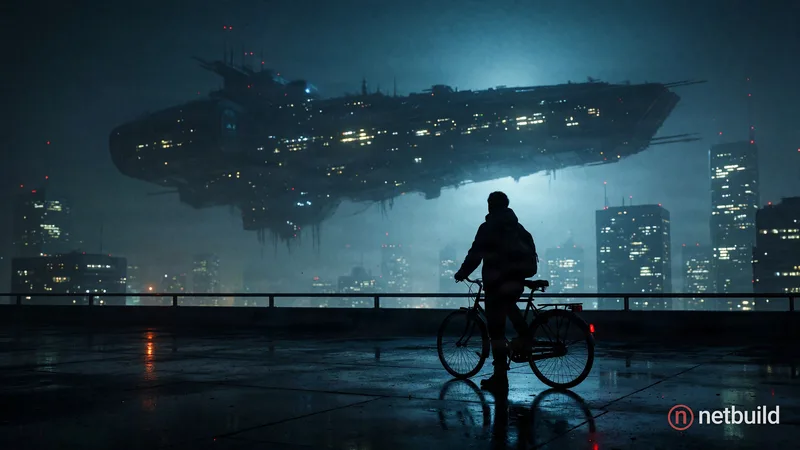 Cinematic sci-fi digital art of a lonely silhouette of a person with a bicycle, viewed from behind, facing a hazy …