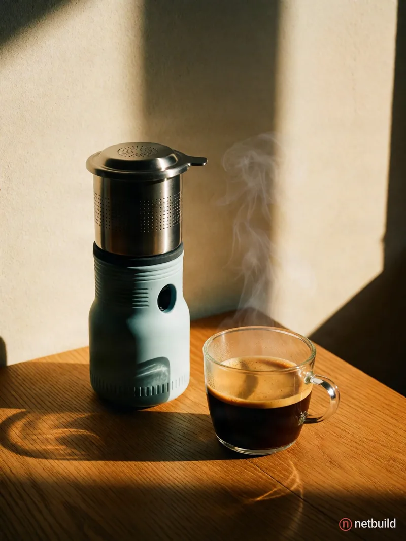 Vertical editorial product photograph of a pale-blue portable espresso maker and one clear glass cup of espresso on …