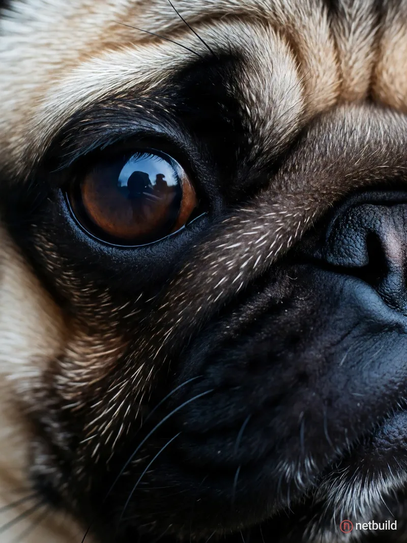 Extreme macro close-up of a pug dog's face, focusing on a glossy dark brown eye with a bright curved reflection. Deep …