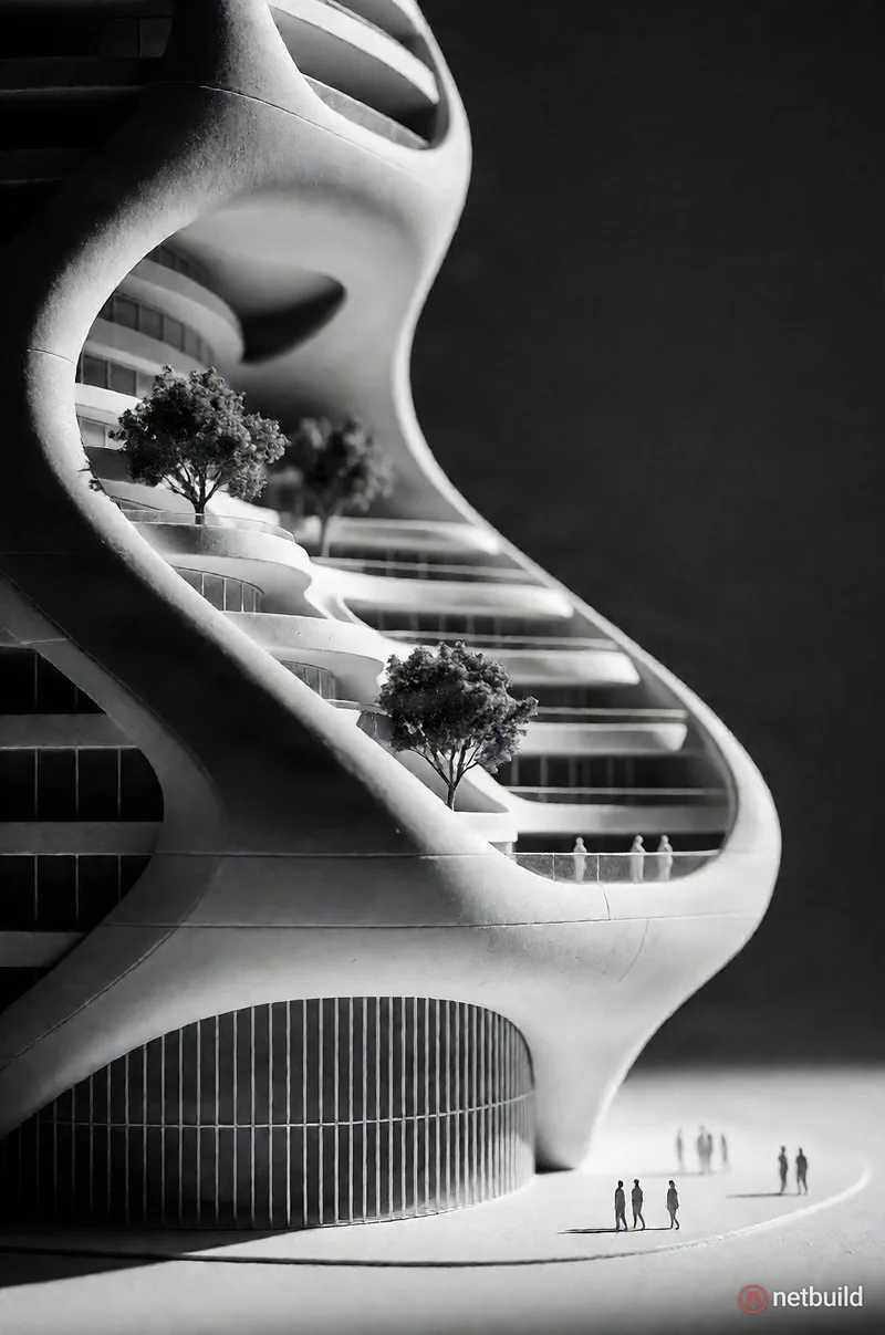 High-contrast architectural studio photography of a futuristic white architectural model featuring a towering biomorphic …