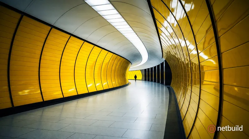 Wide-angle architectural shot of a curving subterranean tunnel with glossy, vibrant yellow paneled walls and a …