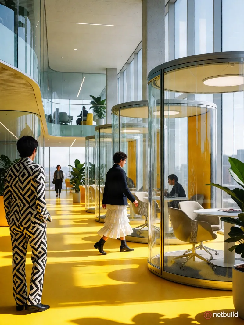 High-key architectural rendering of a bright modern office interior with a vivid yellow floor and a row of cylindrical …