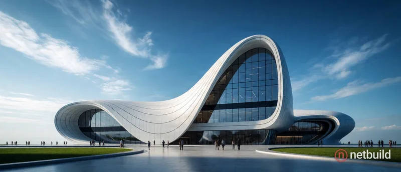 sprawling neo-futuristic white building with smooth organic curves, elongated wave-like architecture, large reflective …