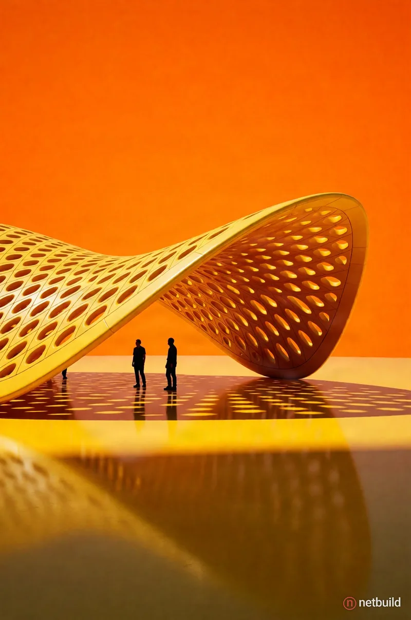 Hyper-realistic 3D rendering of a monochromatic yellow parametric pavilion featuring a swooping, perforated honeycomb …