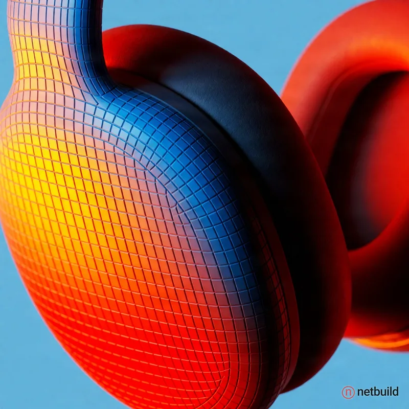 Hyper-realistic close-up of over-ear headphones on a matte rust-red plane against a solid light blue background. The …