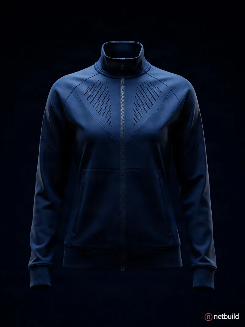 Deep navy blue athletic track jacket on an invisible mannequin, sleek sportswear with central zipper closure and high …