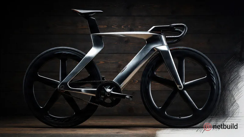 Cinematic product photography of a futuristic aerodynamic concept bicycle with a sleek metallic silver frame and …