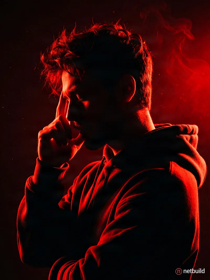 Ultra-cinematic dramatic red silhouette portrait of a young man in side profile from shoulders up, messy textured hair …