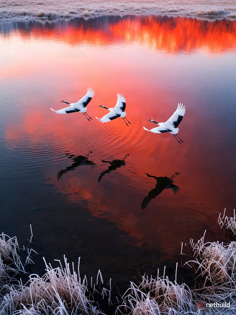 Overhead wildlife photography of three red-crowned cranes soaring gracefully in formation over a mirror-flat, shallow …