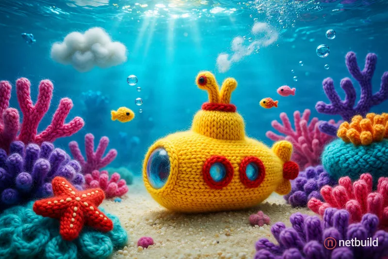 Underwater coral reef rendered entirely in knitted and felted yarn — a plush yellow submarine with a dome window and …