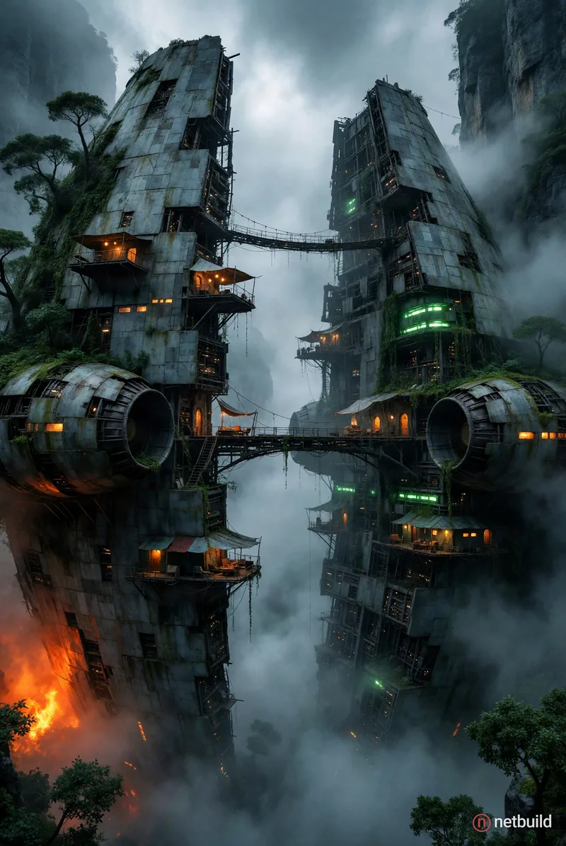 Two colossal derelict spaceship hulls standing upright in a misty canyon, facing each other across a narrow gap. Scarred …