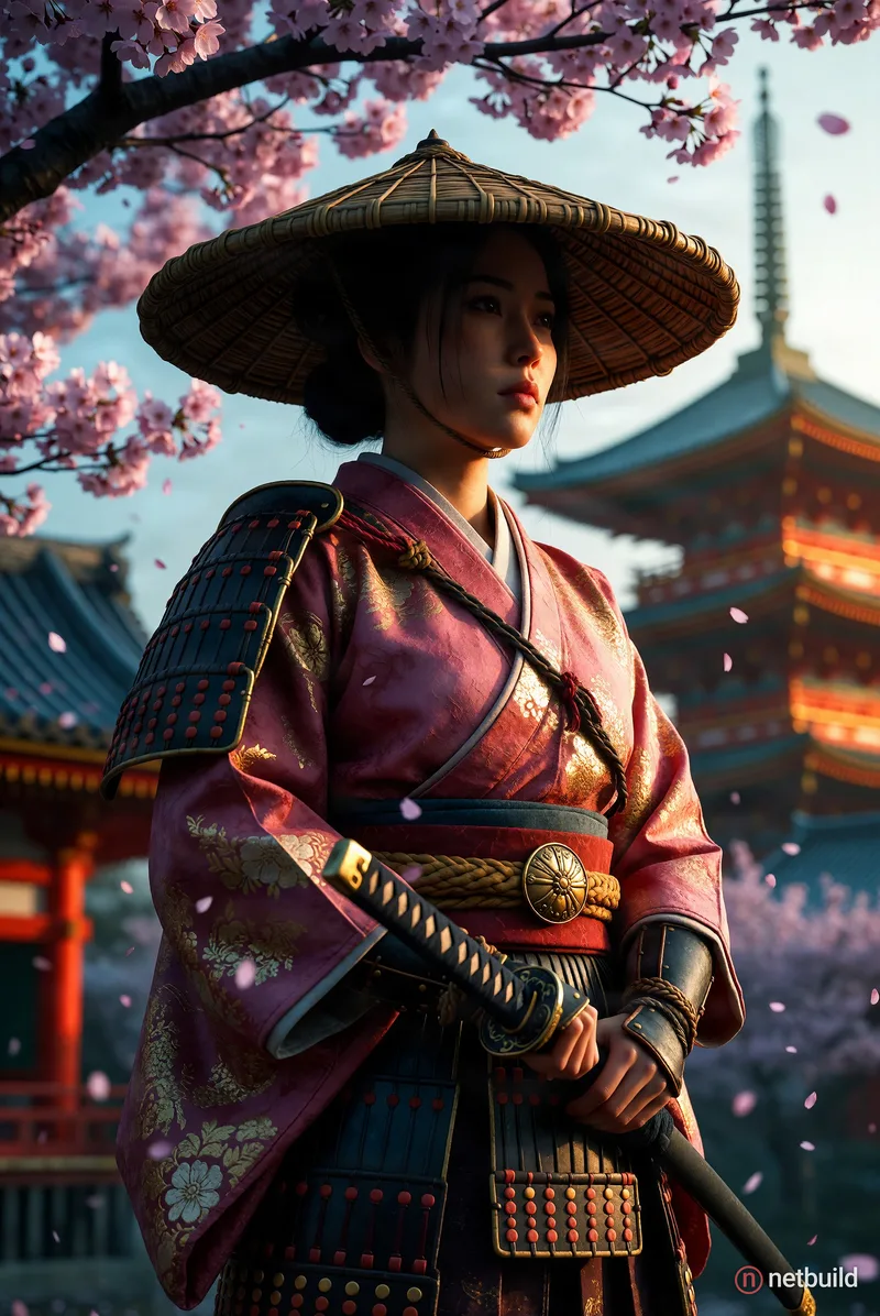 Low-angle cinematic portrait of a woman samurai under blooming cherry blossoms, wearing a conical straw jingasa hat, …