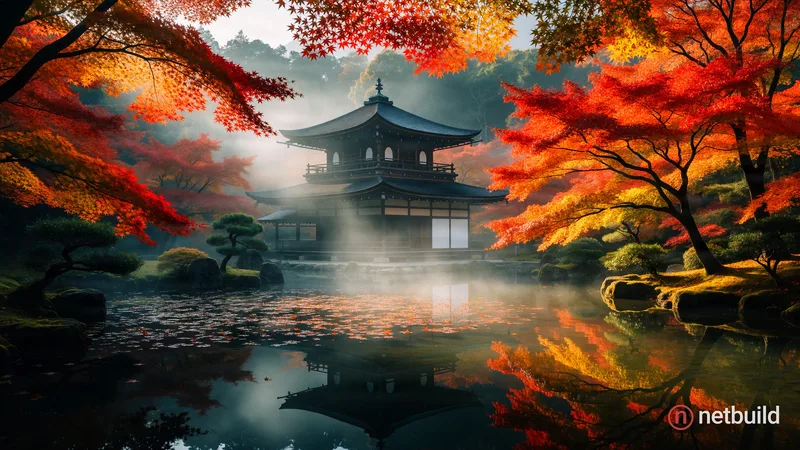 Fine art photography of a serene Japanese temple hidden within a brilliant autumn forest of red and gold maple trees. In …