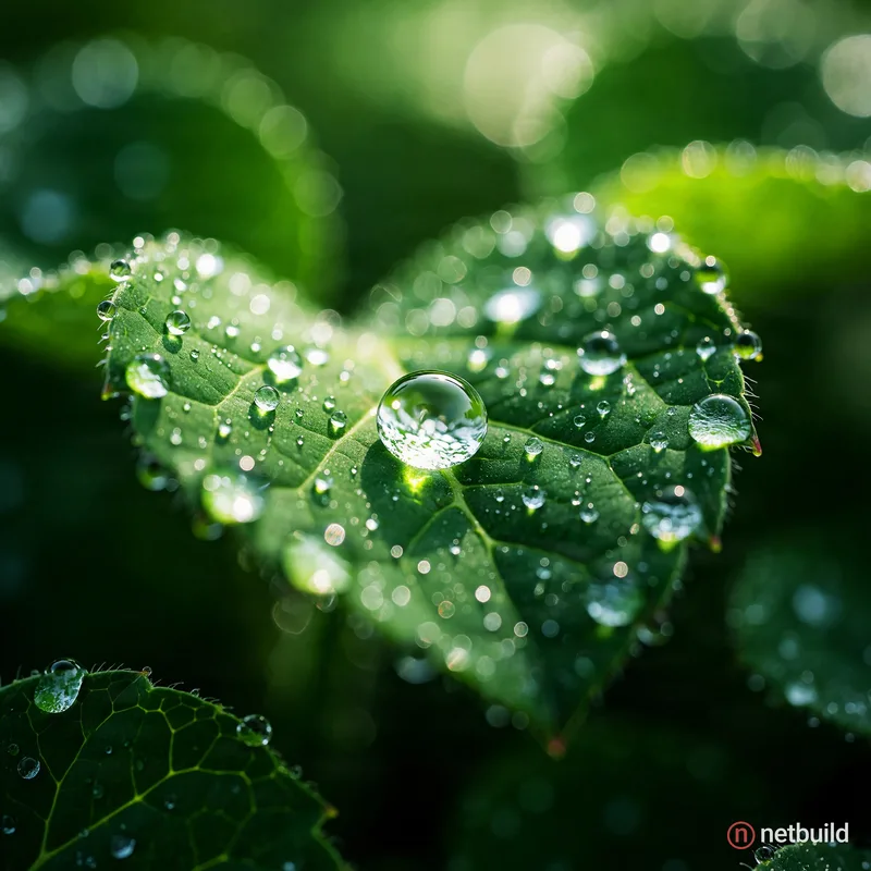 Extreme macro 1:1 photography of a single vibrant green leaf covered in glistening morning dew. A perfect, spherical …