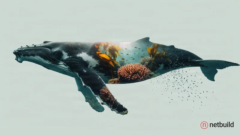 Double-exposure composite of a humpback whale in clean side profile, swimming level, silhouetted against a plain pale …
