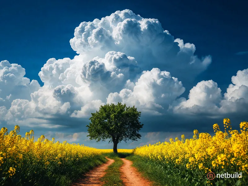 Hyper-realistic surreal landscape, low-angle wide shot of a solitary leafy green tree on a reddish-brown dirt path, …
