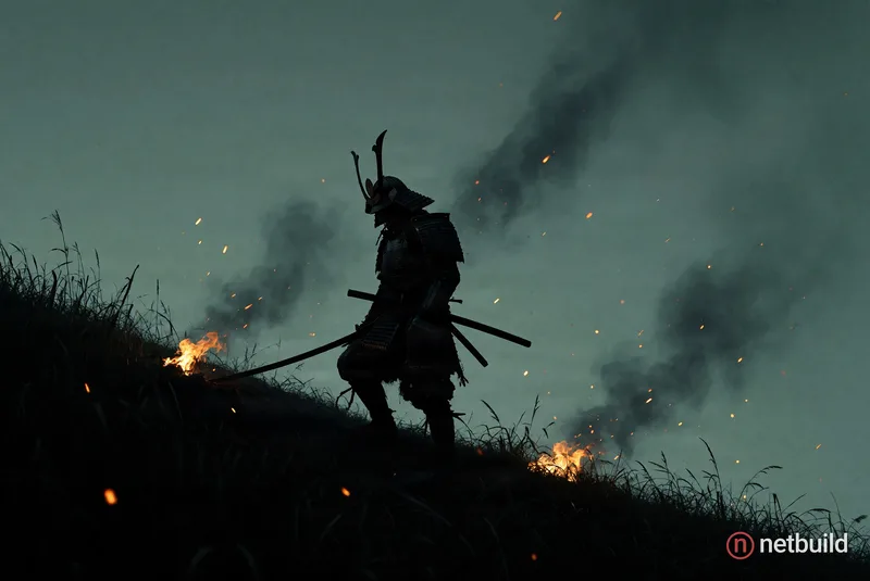 Minimalist cinematic wide shot, lone samurai warrior silhouetted in near-total darkness on a steep grassy hillside at …