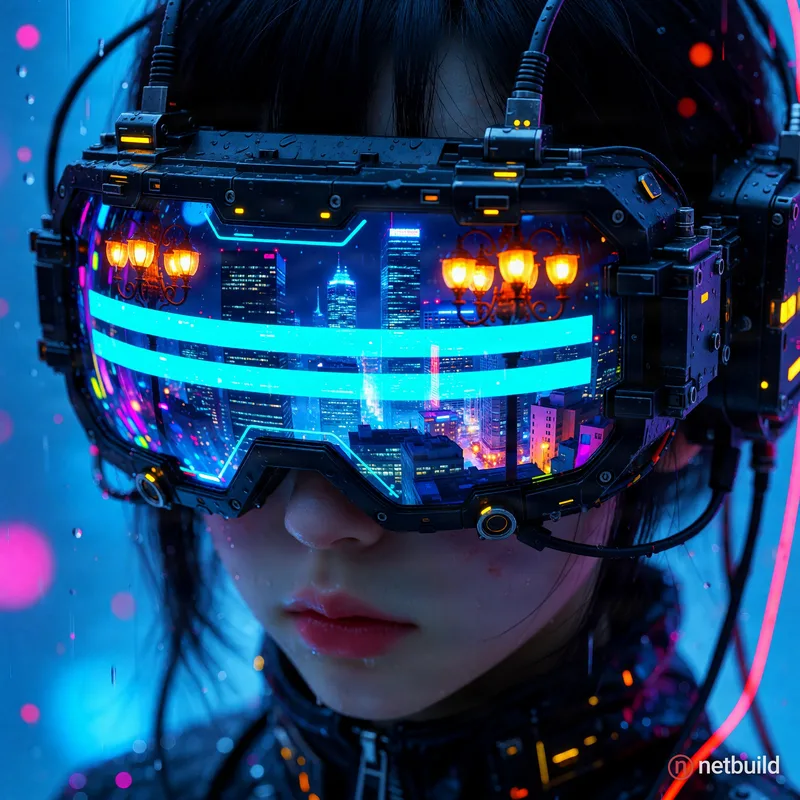 Extreme close-up cinematic anime-influenced portrait, slightly elevated frontal angle. A young cyberpunk character wears …