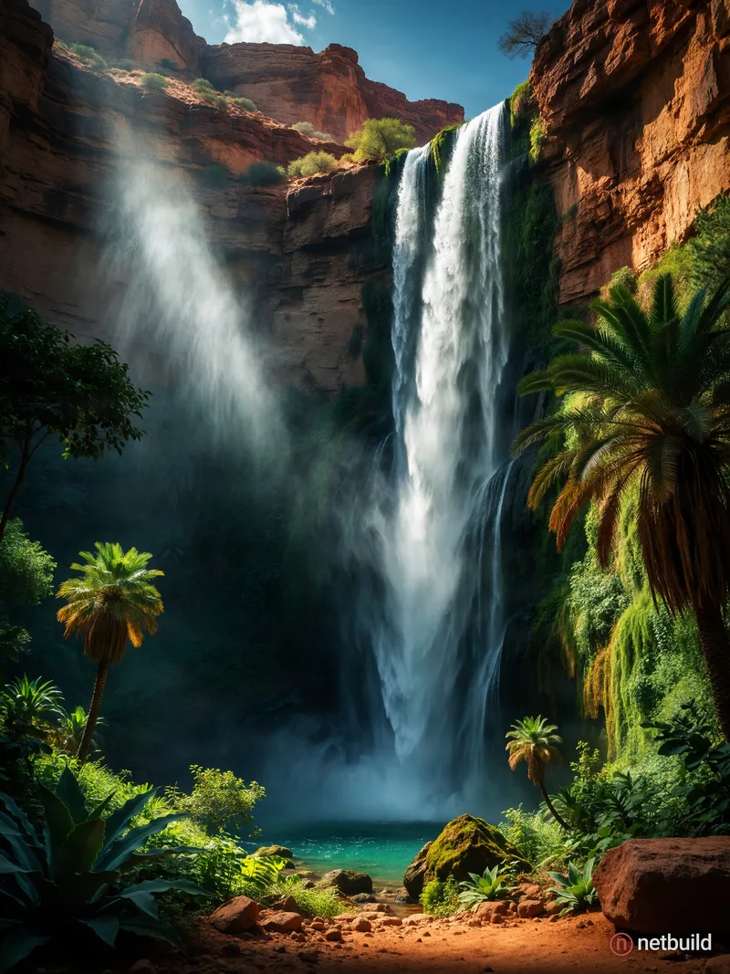 A cinematic, photorealistic wide shot of a hidden tropical paradise nestled deep within a massive, towering desert …