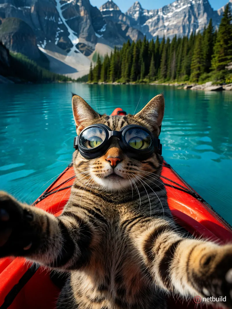 Action selfie of a brave tabby cat wearing tiny hiking goggles, sitting inside a red kayak on a vibrant turquoise …