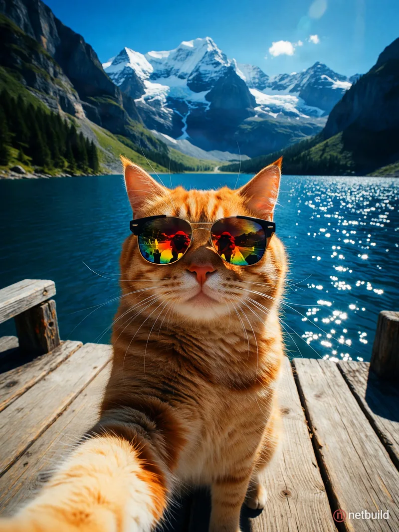 First-person wide-angle shot of a majestic orange cat wearing mirrored sunglasses, standing on a rustic wooden deck. …