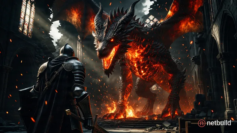 Over-the-shoulder shot of a battle-worn dark fantasy knight facing a colossal, magma-infused fiery dragon within the …