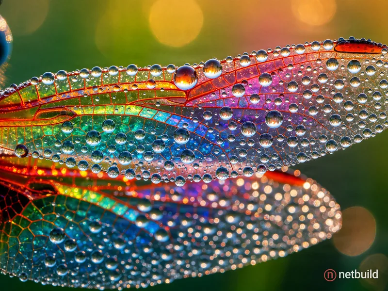 Extreme close-up macro shot of a rainbow-colored dragonfly wing covered in crystal clear morning dew drops, each tiny …