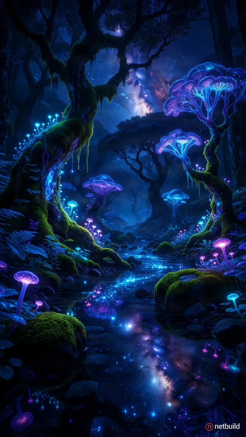 Hyper-detailed 8k fantasy landscape of a glowing bioluminescent forest at night. Twisting ancient trees are covered in …