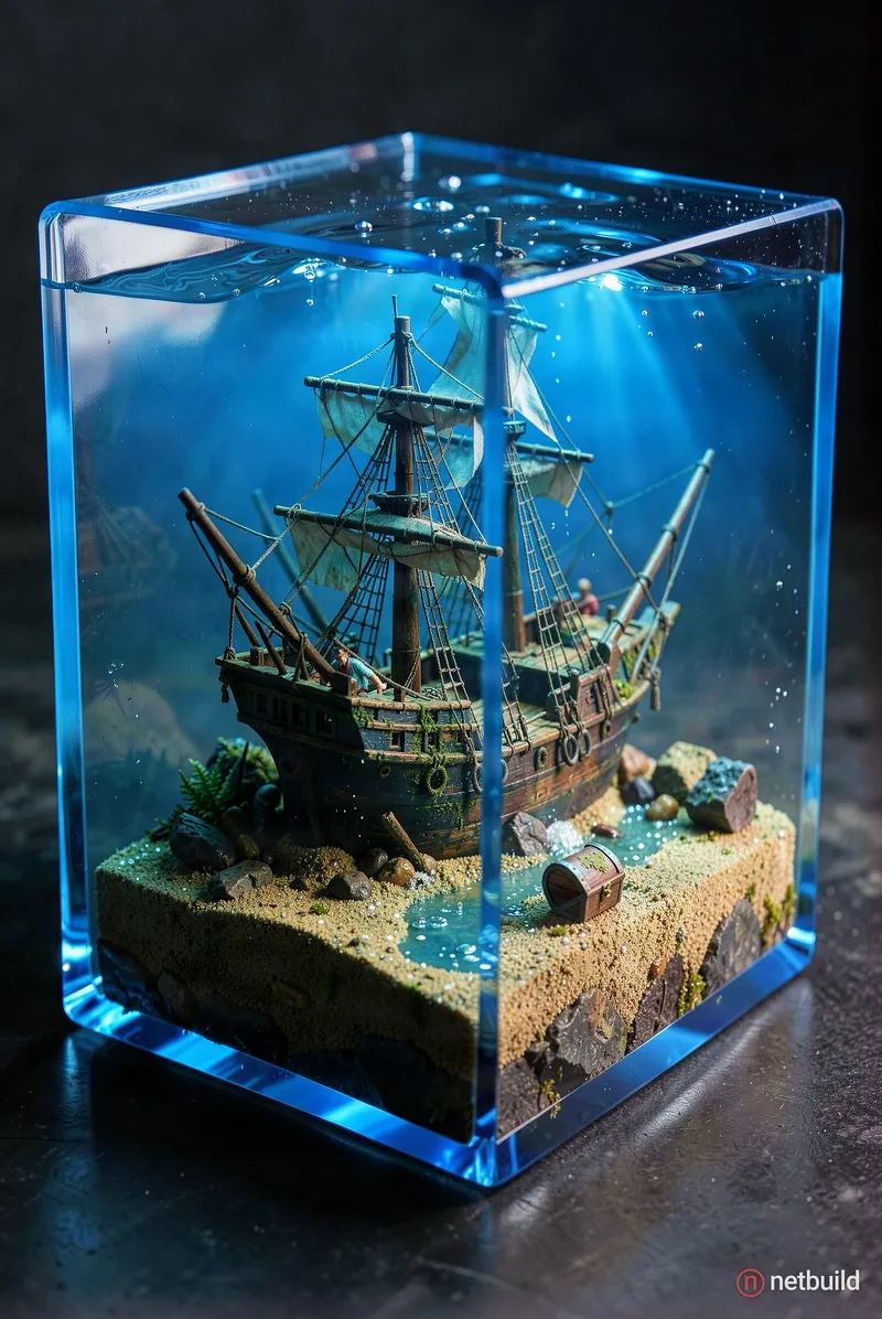 Sunken pirate shipwreck diorama inside a glowing blue resin cube, hyper-detailed sand, miniature broken mast and …
