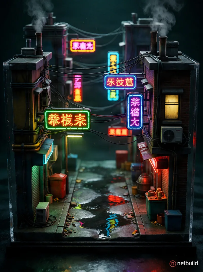 Cyberpunk alleyway diorama, microscopic neon signs, tiny glowing puddles reflecting lights, detailed 3D render, …