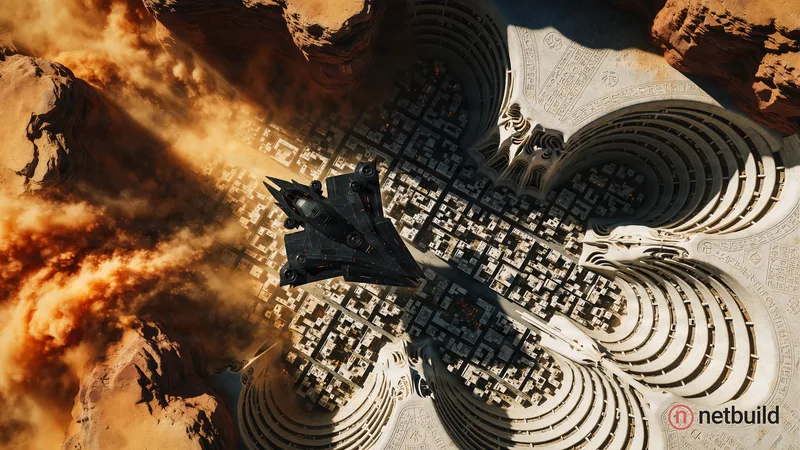 Generate a 4D bird's eye overhead shot looking straight down over a futuristic alien desert canyon city buried deep …