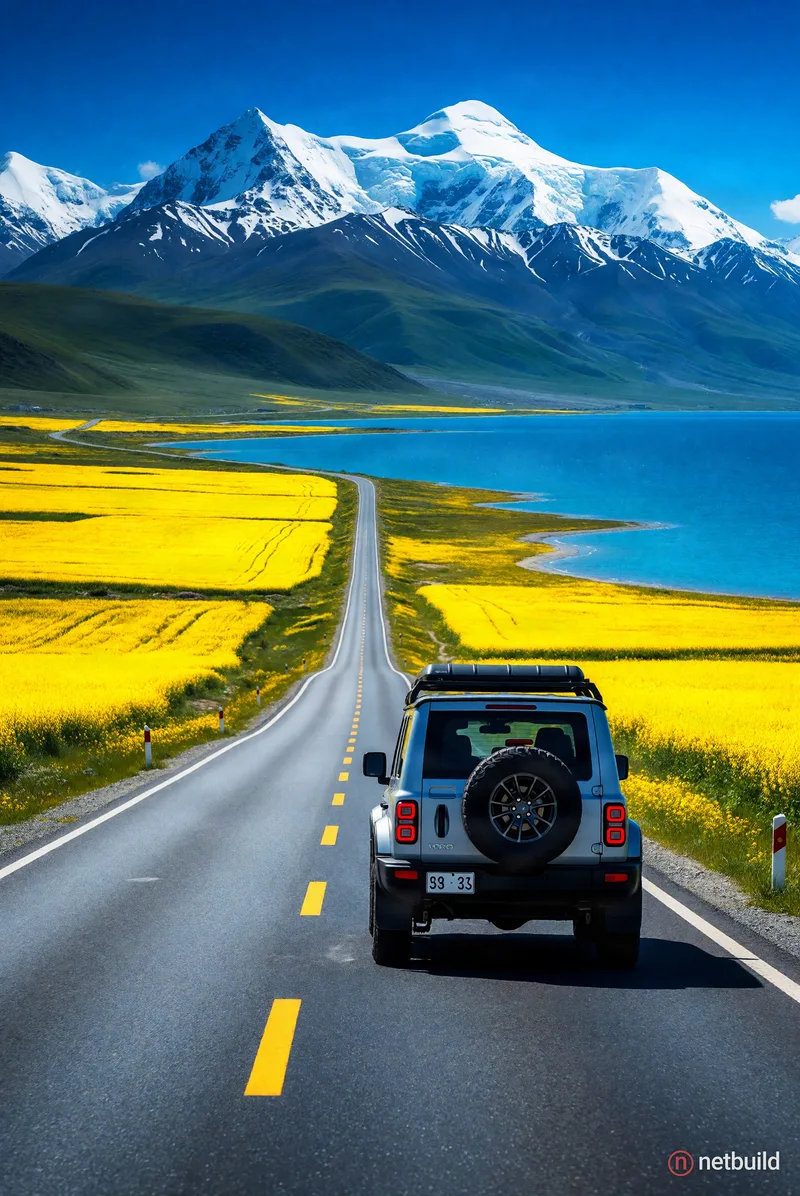 Low rear-facing perspective of a silver boxy off-road SUV with a rear spare tire and roof rack, driving down a …