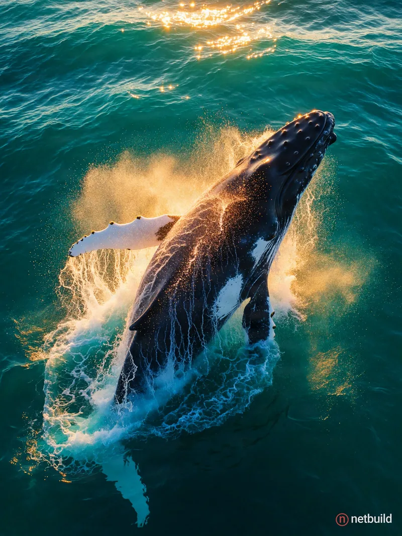 Cinematic drone photography, top-down aerial view of a massive humpback whale breaching from a glittering turquoise …