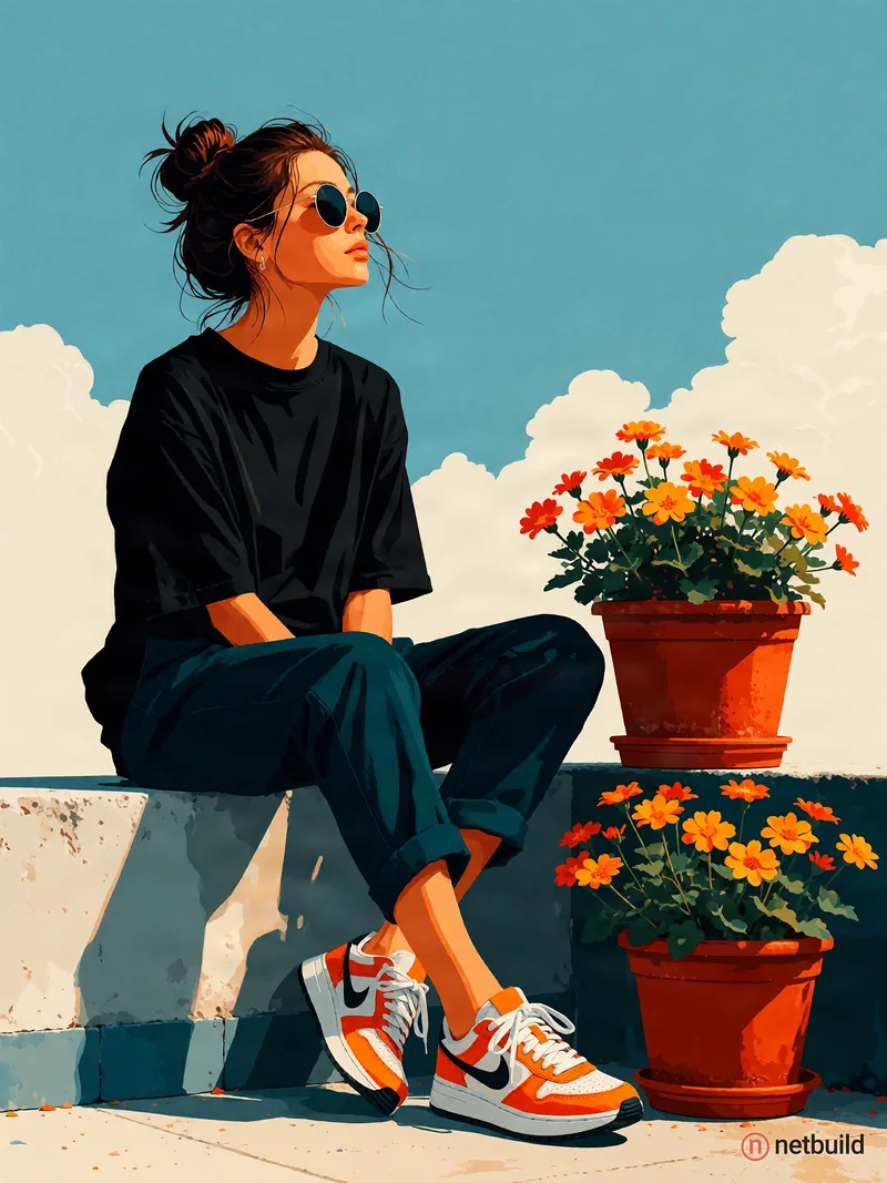 Clean modern flat-color digital illustration of a relaxed woman sitting on a low balcony wall, gazing at the sky. She …