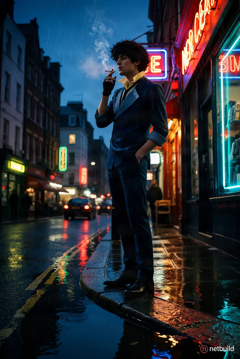 Photorealistic cinematic cosplay photography of Spike Spiegel standing on a rainy London street corner at dusk. He is …